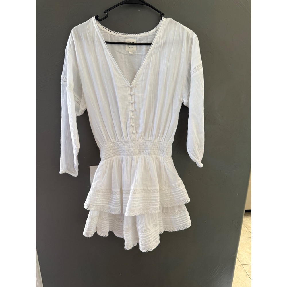 Aerie White Cotton Gauze Lace Ruffle Romper Smocked Waist V-Neck Long Sleeve XS